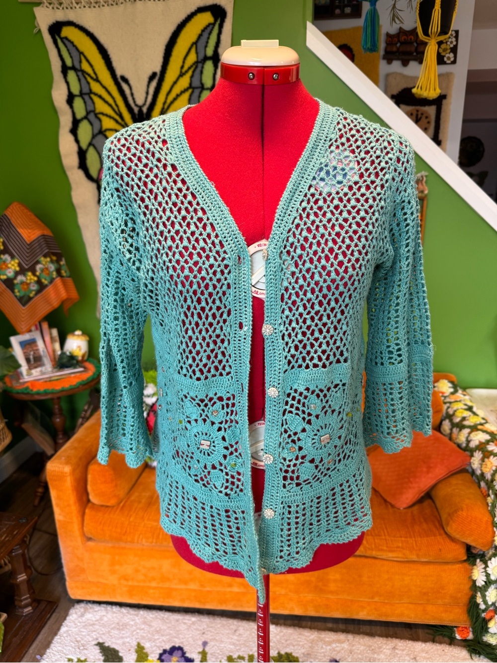 Vintage Teal Crochet Open-Knit Cardigan
